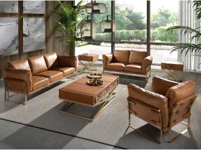 Rectangular coffee table in genuine leather and gold steel - AZZARO Rectangular coffee table in genuine leather and gold steel - AZZARO