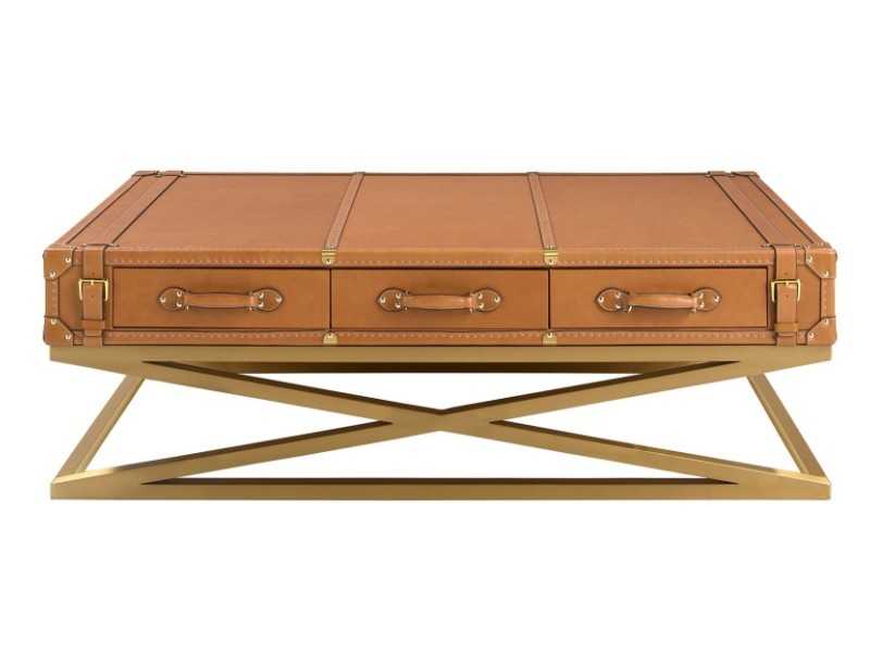 Table basse rectangulaire en cuir véritable et acier doré - AZZARO