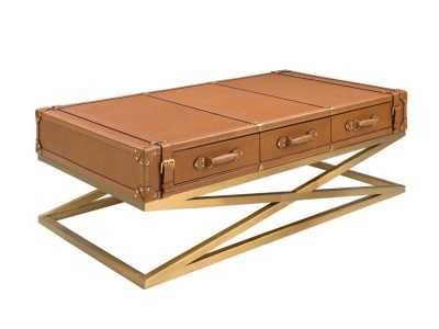 Table basse rectangulaire en cuir véritable et acier doré - AZZARO Table basse rectangulaire en cuir véritable et acier doré - AZZARO