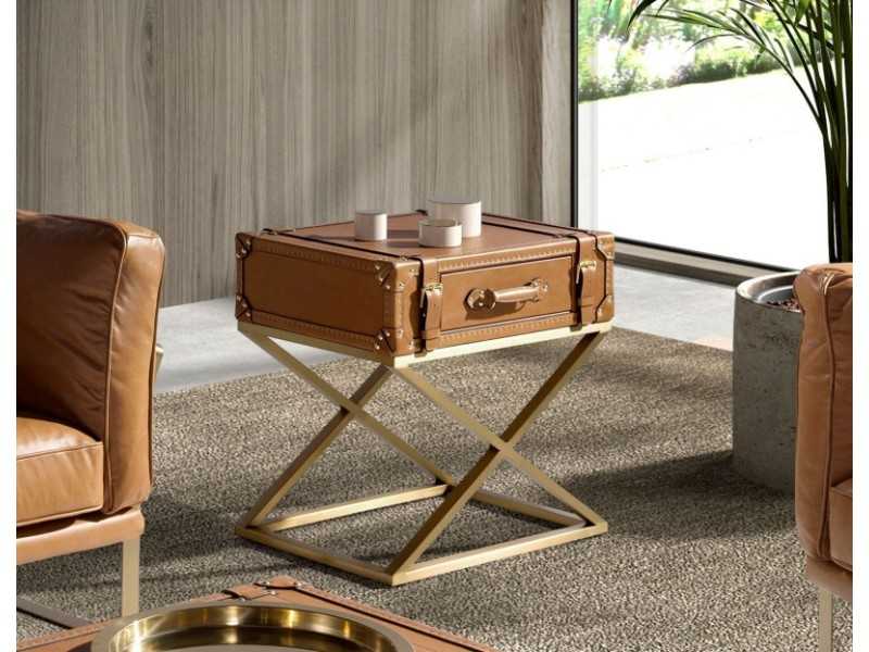 Mesa de rincón rectangular en piel genuina y acero dorado - AZZARO