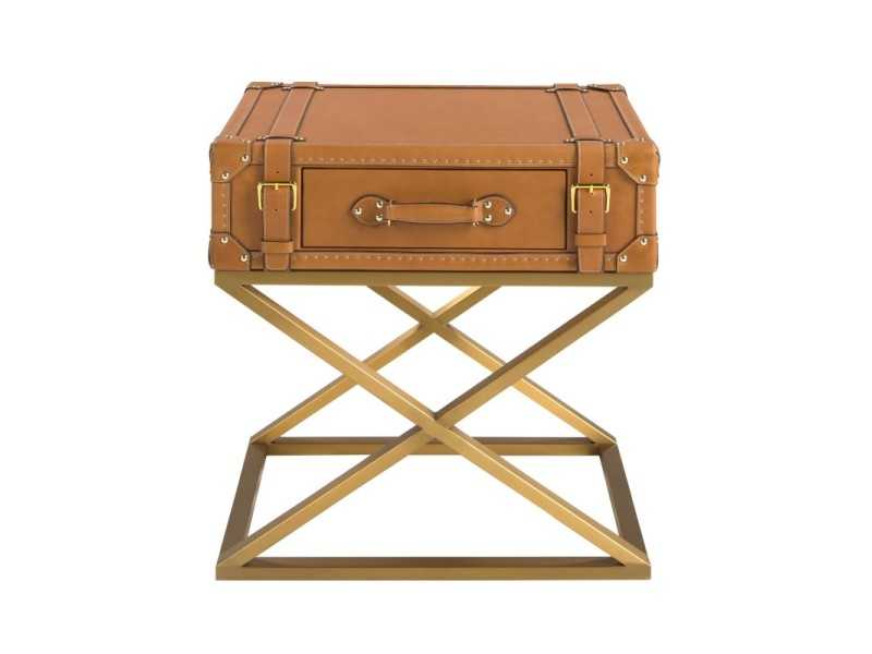 Table d'angle rectangulaire en cuir véritable et acier doré - AZZARO