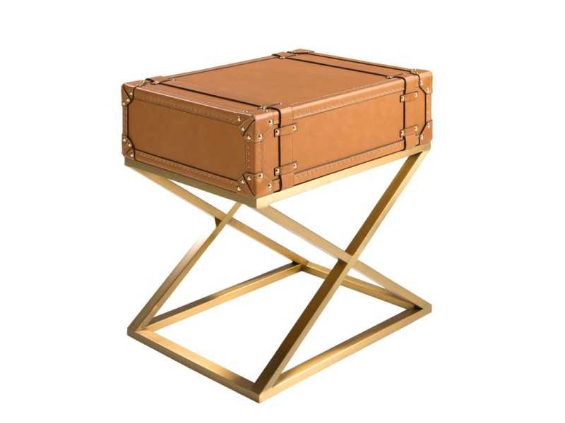 Table d'angle rectangulaire en cuir véritable et acier doré - AZZARO
