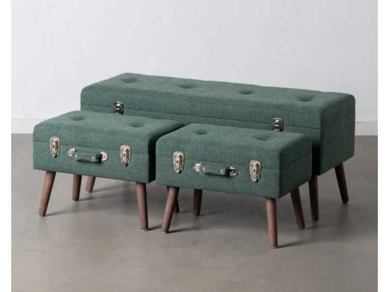 Conjunto de 3 banquetas baúl tapizadas en color verde - BENEBER VERDE