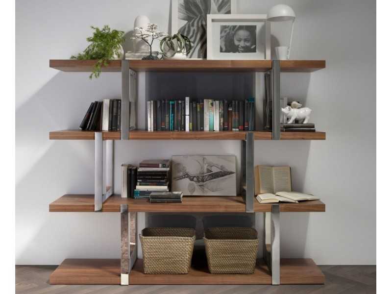 Designer shelving in walnut and stainless steel - BASTIAN