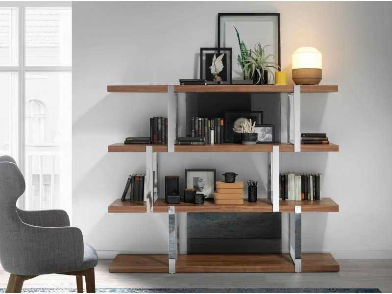 Estantería de diseño en nogal y acero inoxidable - BASTIAN