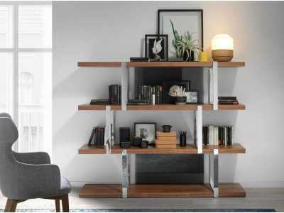 Estantería de diseño en nogal y acero inoxidable - BASTIAN