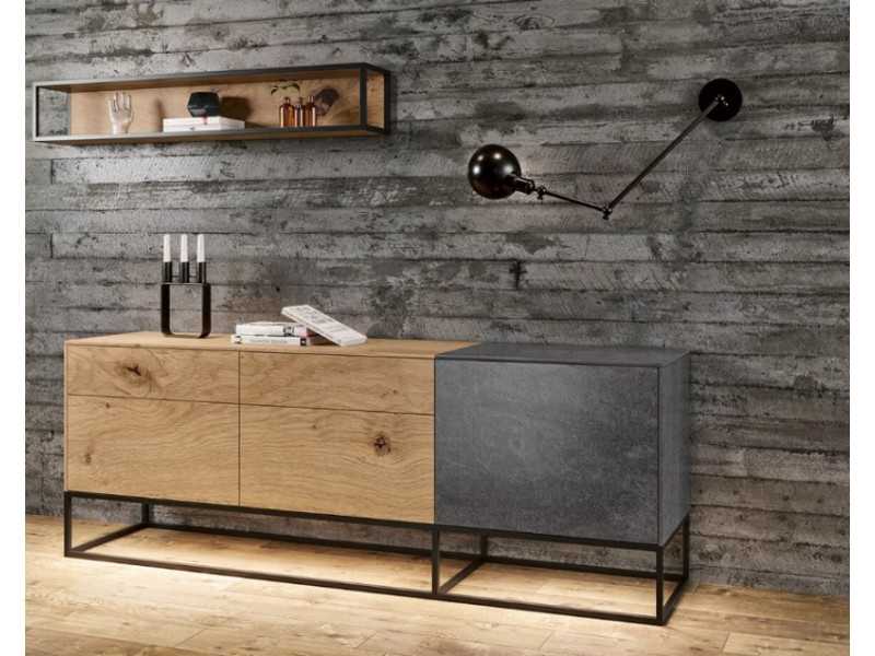 Designer sideboard in oak, porcelain and lacquered steel base - ARMANI