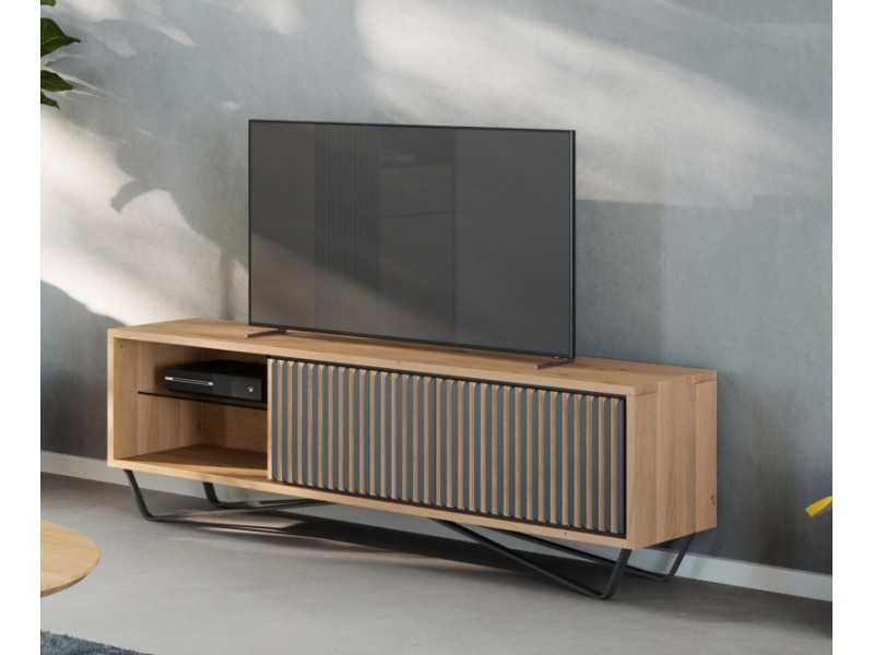 Meuble TV design en bois de chêne et piètement acier - ALDO L