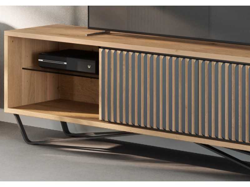 Meuble TV design en bois de chêne et piètement acier - ALDO L