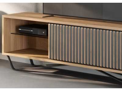 Designer TV cabinet in oak wood and steel base - ALDO L