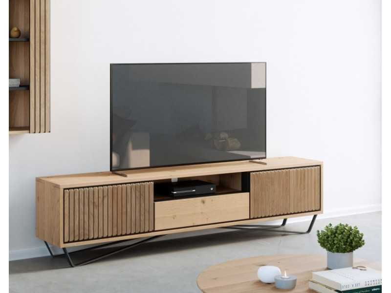 Meuble TV design en bois de chêne et piètement acier - ALDO XL