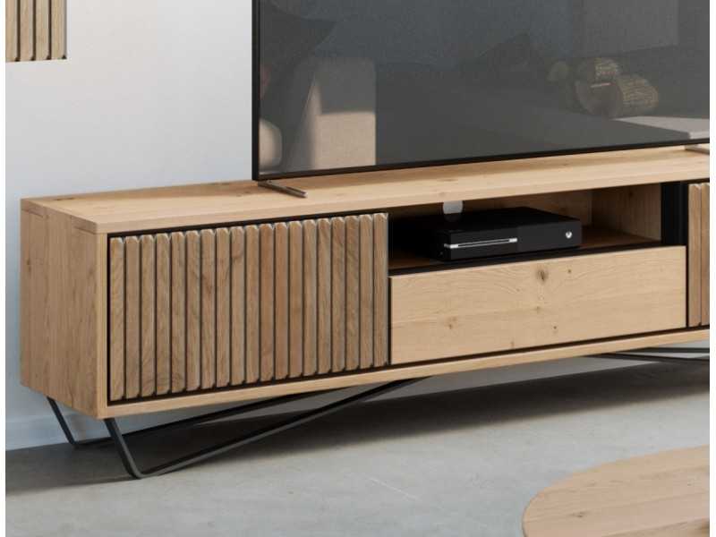 Mueble TV de diseño en madera de roble y base en acero - ALDO XL