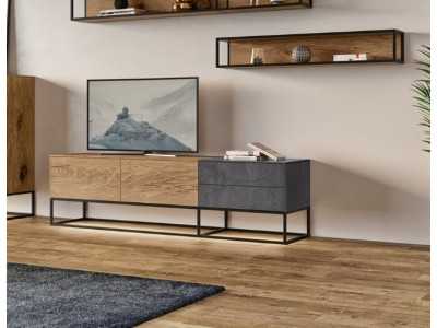 Meuble TV design en chêne, porcelaine et piètement en acier laqué - ARMANI L