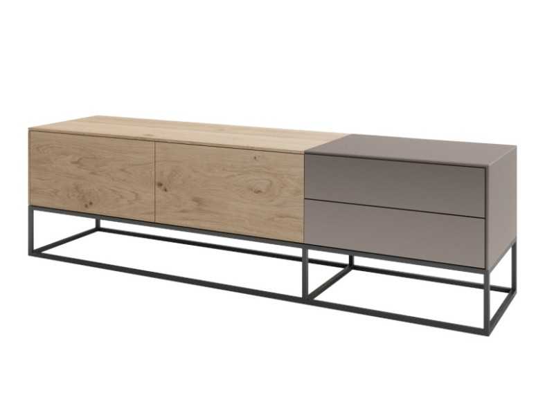 Meuble TV design en chêne, porcelaine et piètement en acier laqué - ARMANI L