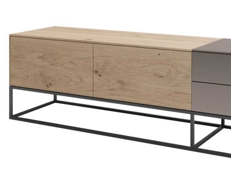 Meuble TV design en chêne, porcelaine et piètement en acier laqué - ARMANI L