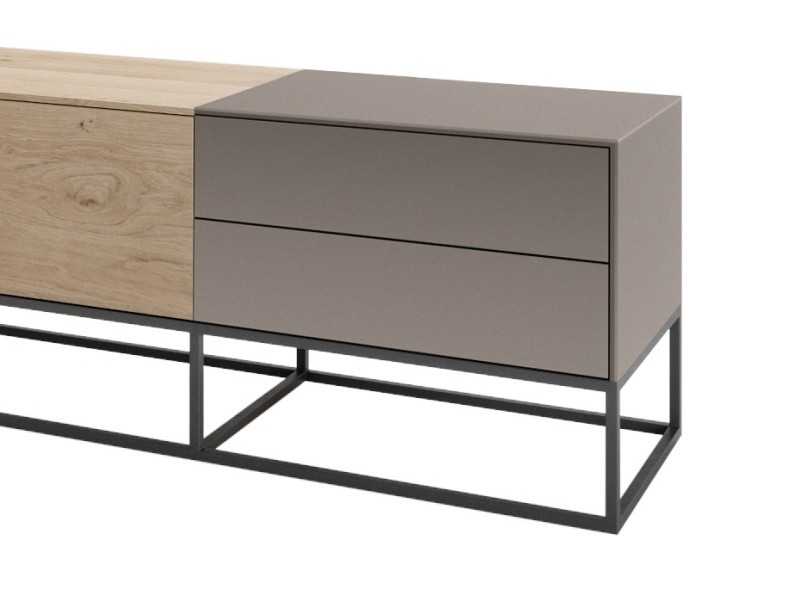 Meuble TV design en chêne, porcelaine et piètement en acier laqué - ARMANI L