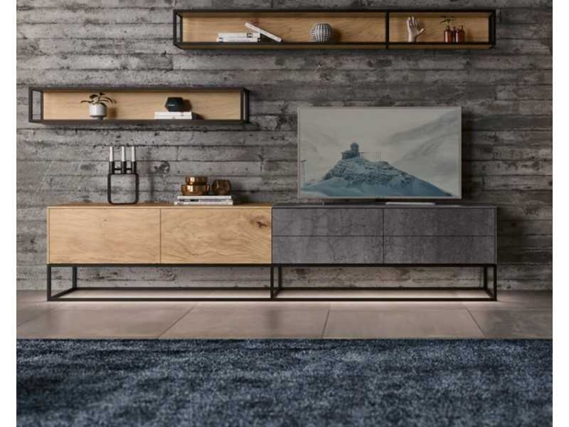 Designer TV cabinet in oak, porcelain and lacquered steel base - ARMANI XL