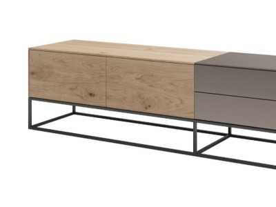 Meuble TV design en chêne, porcelaine et piètement en acier laqué - ARMANI XL