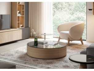 Round oak coffee table with drawer and glass top - AUDE