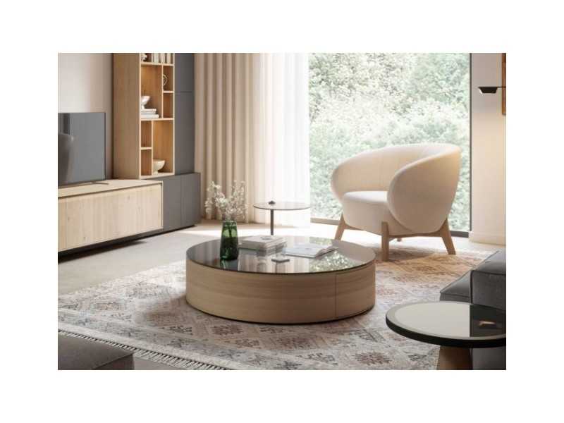 Round oak coffee table with drawer and glass top - AUDE