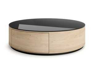 Round oak coffee table with drawer and glass top - AUDE 2