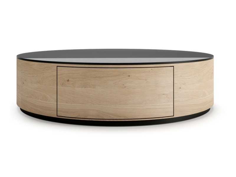 Table basse ronde en chêne avec tiroir et plateau en verre - AUDE