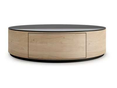 Mesa de centro redonda en roble con cajón y tapa cristal - AUDE Mesa de centro redonda en roble con cajón y tapa cristal - AUDE