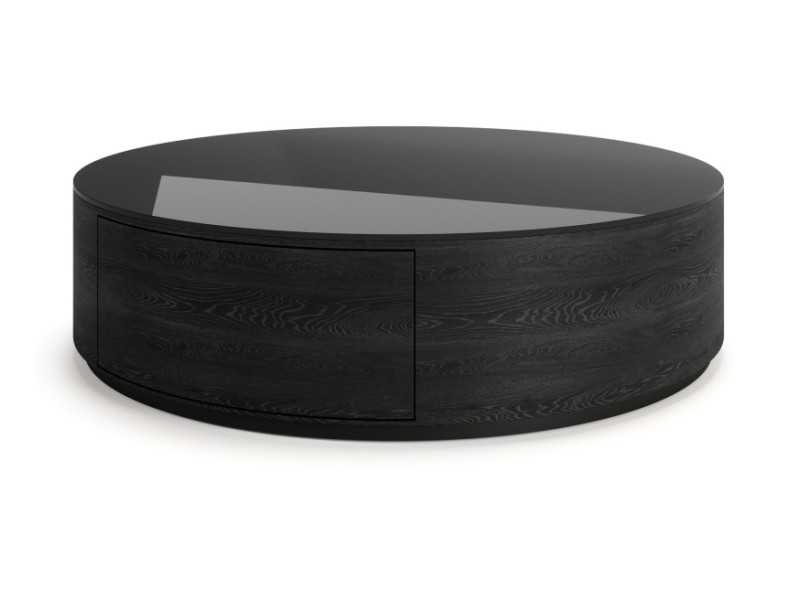 Table basse ronde en chêne avec tiroir et plateau en verre - AUDE