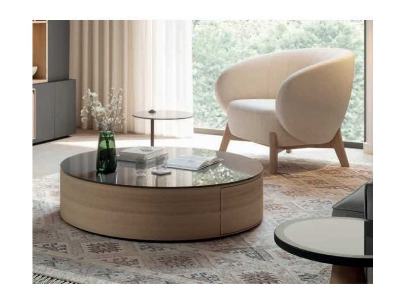 Table basse ronde en chêne avec tiroir et plateau en verre - AUDE