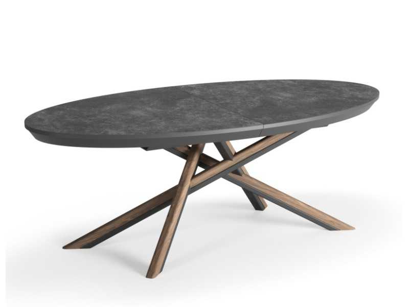 Table ovale extensible avec piètement en chêne et acier, plateau en porcelaine - LYON