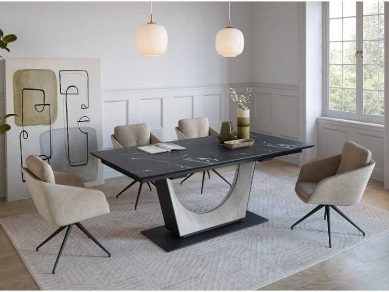 Extendable dining table with ceramic top, oak and steel base - AMMAN