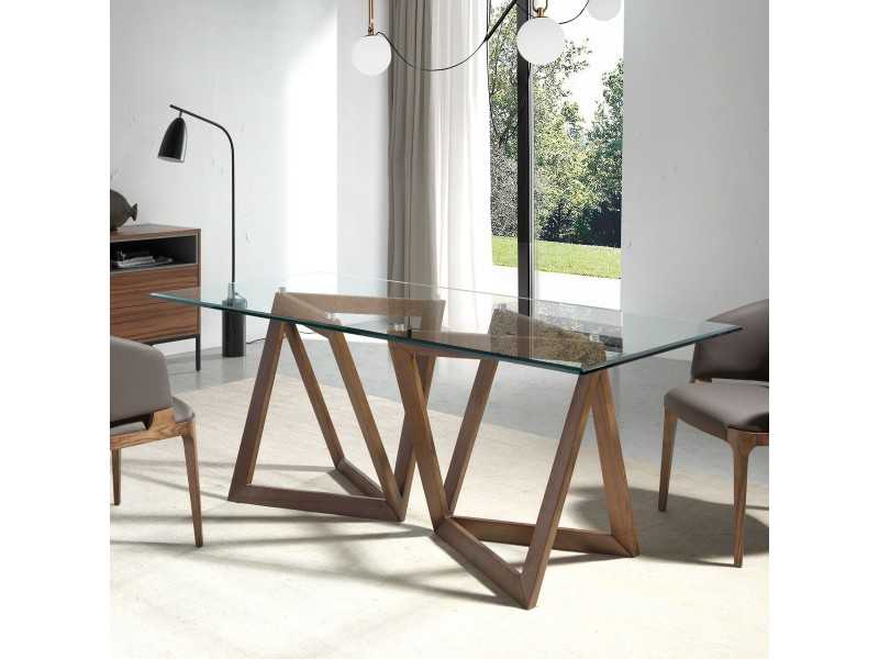 Dining table with tempered glass top and walnut bases - DURBUY