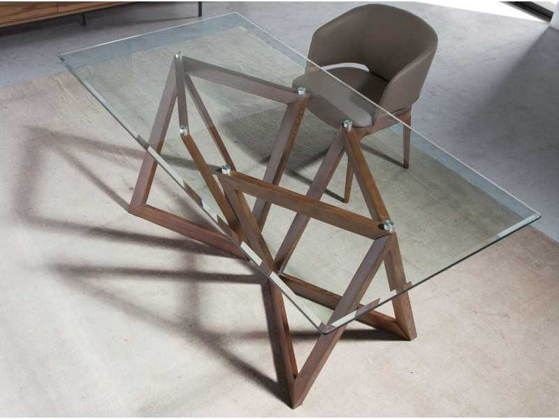 Mesa de comedor con tapa de cristal templado y bases en nogal - DURBUY