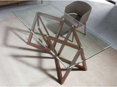 Mesa de comedor con tapa de cristal templado y bases en nogal - DURBUY