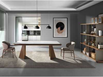 Mesa de comedor en nogal con tapa mármol porcelánico - VITTORIA Mesa de comedor en nogal con tapa mármol porcelánico - VITTORIA