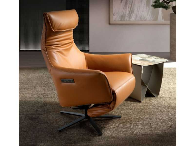 Swivel relax armchair upholstered in genuine leather - AMAYA