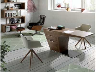 Bureau design en noyer avec piètement en acier inoxydable - PORTO Bureau design en noyer avec piètement en acier inoxydable - PORTO