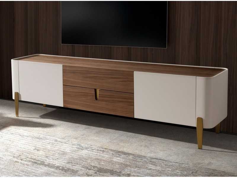 Designer TV cabinet in walnut wood, lacquered and steel details - AINI