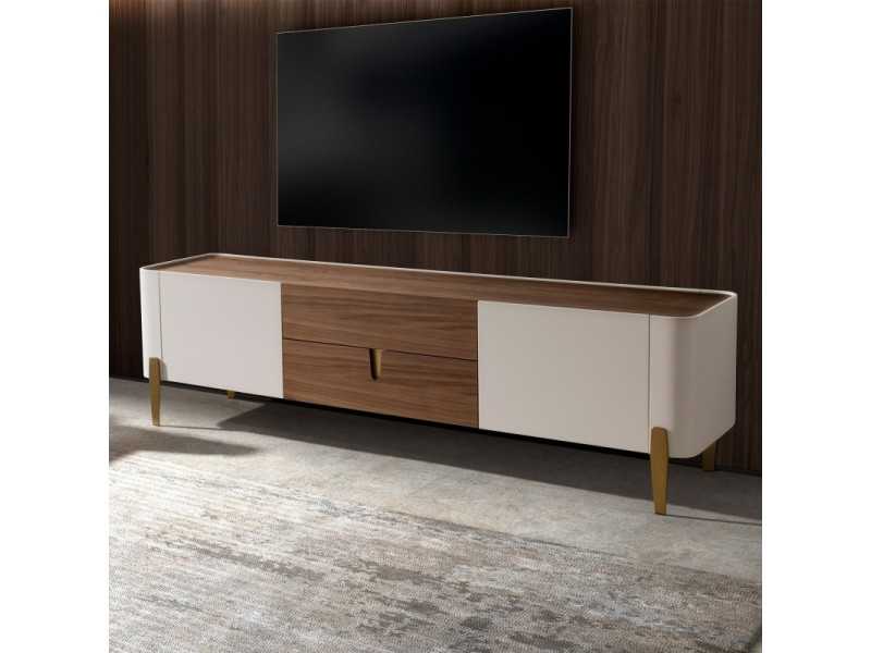 Meuble TV design en bois de noyer, détails laqués et acier - AINI