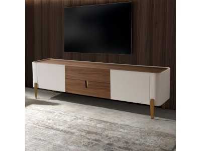 Meuble TV design en bois de noyer, détails laqués et acier - AINI