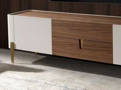 Meuble TV design en bois de noyer, détails laqués et acier - AINI