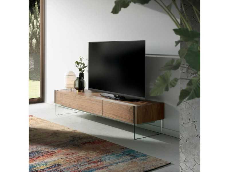 Walnut and tempered glass TV cabinet - MARCO