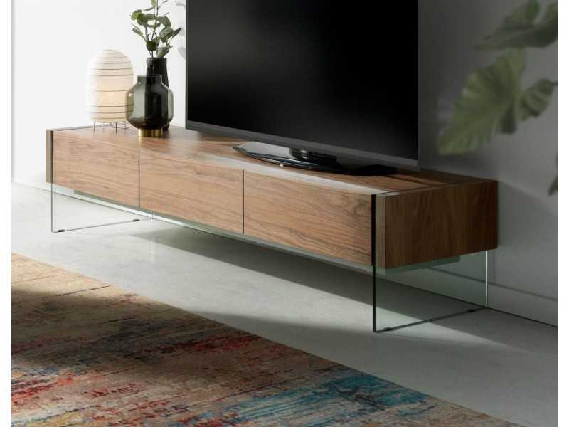 Walnut and tempered glass TV cabinet - MARCO