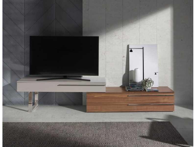 Meuble TV design en noyer, laqué et piètement inox - GOB