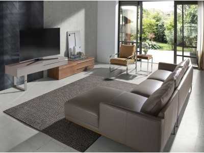 Designer TV cabinet in walnut, lacquered and stainless steel base - GOB Designer TV cabinet in walnut, lacquered and stainless steel base - GOB