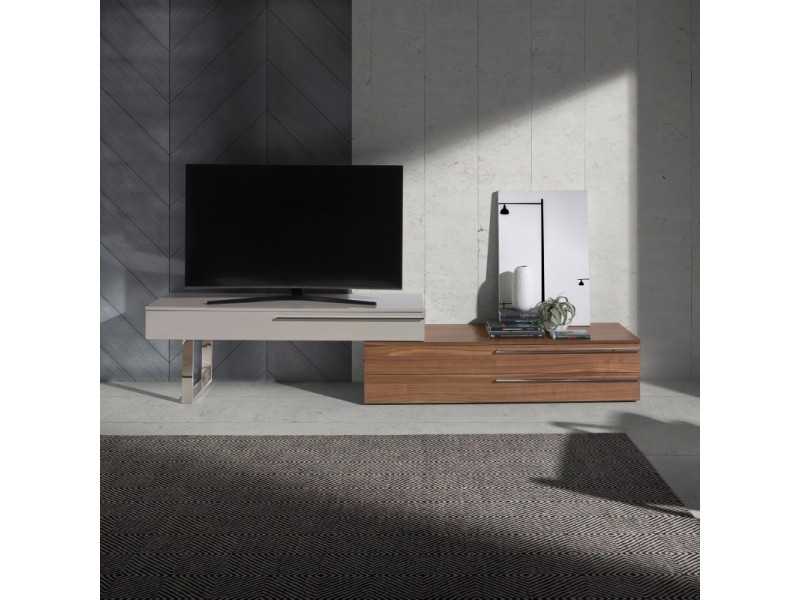 Designer TV cabinet in walnut, lacquered and stainless steel base - GOB