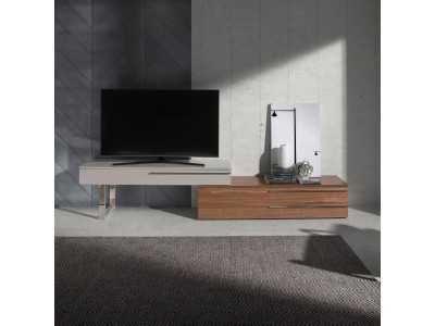 Mueble TV de diseño en nogal, lacado y base en acero inoxidable - GOB