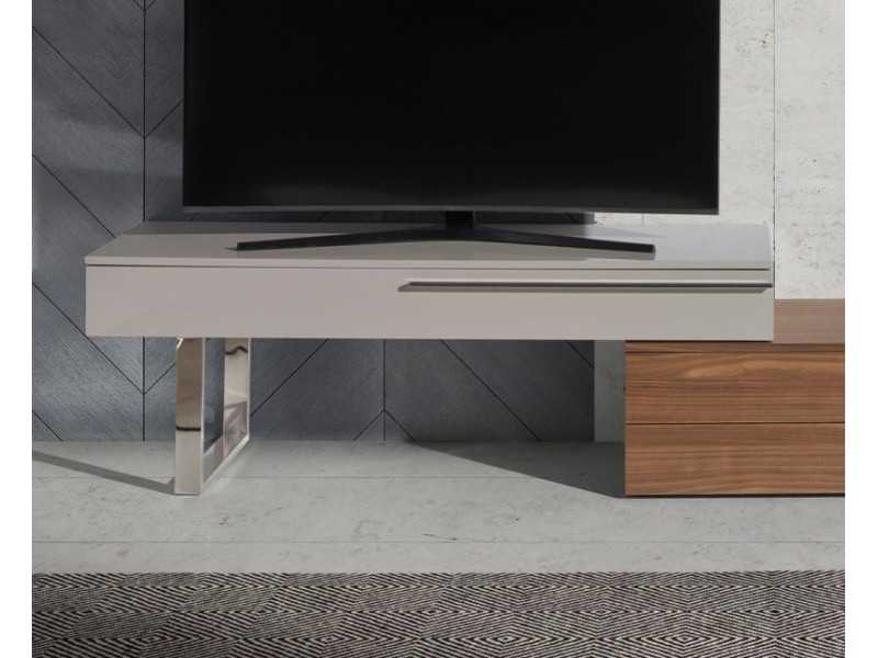 Designer TV cabinet in walnut, lacquered and stainless steel base - GOB