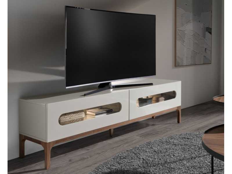 Lacquered design TV cabinet with walnut base and LED light - MANUELE