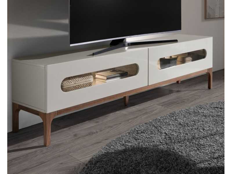 Lacquered design TV cabinet with walnut base and LED light - MANUELE